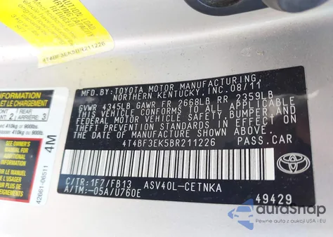 2011 Toyota Camry z USA, uszkodzony, nr VIN 4T4BF3EK5BR211226